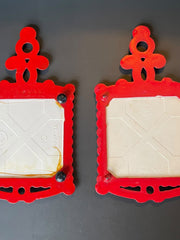 Load image into Gallery viewer, Vintage Cathay Tile Christmas Tree Ceramic Trivet Set Red Frame 2pc