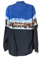 Load image into Gallery viewer, 🐂 Roper Western Cattle Print Pearl Snap Shirt – Blue – Size L