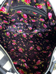 Load image into Gallery viewer, Betsey Johnson Black White Stripe Duffel Weekender Bag Patches Floral Lining