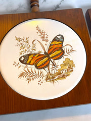 Load image into Gallery viewer, Vintage Butterfly Ceramic Tile Wood Trivets Wall Hangings Set of 2 1970s