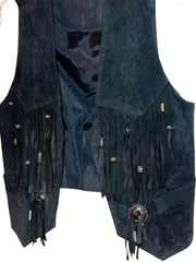 Load image into Gallery viewer, Vintage Black Suede Fringe Western Vest Concho Beaded Cowboy Biker Unisex Small - Lisa Lassi