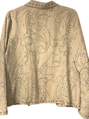 Load image into Gallery viewer, SOLD - Chico’s Faux Suede Laser-Cut Open Front Jacket Women’s Size 2 Tan Western Boho - Lisa Lassi