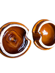 Load image into Gallery viewer, Vintage Brown Tan Ceramic Double Condiment Pot Set Lids Wood Handle Spoons