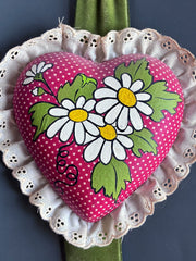 Load image into Gallery viewer, Vintage 1970s Handmade Heart Wall Hanging Daisy Floral Lace Velvet Ribbon
