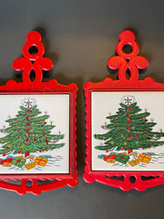 Load image into Gallery viewer, Vintage Cathay Tile Christmas Tree Ceramic Trivet Set Red Frame 2pc