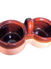 Load image into Gallery viewer, Vintage Brown Tan Ceramic Double Condiment Pot Set Lids Wood Handle Spoons