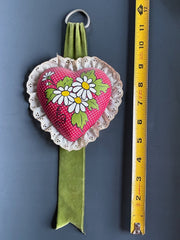 Load image into Gallery viewer, Vintage 1970s Handmade Heart Wall Hanging Daisy Floral Lace Velvet Ribbon