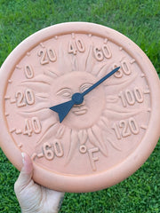 Load image into Gallery viewer, Terracotta Sun Face Outdoor Thermometer Celestial Garden Patio Decor 11.5"