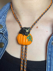 Load image into Gallery viewer, SOLD - 🎃 Halloween Bolo Tie – Black Cat & Pumpkin