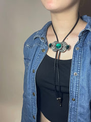 Load image into Gallery viewer, Bolo Tie – Black Cord & Emerald Green Stones