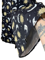 Load image into Gallery viewer, SOLD - Celestial Sun & Moon Wide Leg Bell Pants – Black Astrology Print, Elastic Waist - Lisa Lassi