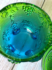 Load image into Gallery viewer, Vintage Jeannette Glass Green Blue Harvest Grape Footed Covered Candy Dish Compote