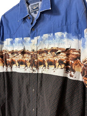 Load image into Gallery viewer, 🐂 Roper Western Cattle Print Pearl Snap Shirt – Blue – Size L
