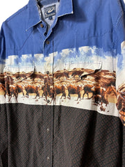 Load image into Gallery viewer, 🐂 Roper Western Cattle Print Pearl Snap Shirt – Blue – Size L - Lisa Lassi