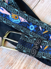 Load image into Gallery viewer, Embroidered Chainstitch Bird Floral Wide Fabric Belt Black Blue Pink 40"