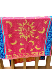 Load image into Gallery viewer, Vintage Celestial Sun Moon Stars Double Sided Beach Towel Red Yellow 27x54