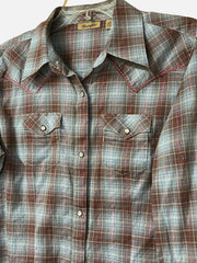 Load image into Gallery viewer, SOLD - Vintage Wrangler Western Snap Shirt – Women’s M – Brown & Blue Plaid w/ Pink Metallic Thread - Lisa Lassi