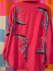 Load image into Gallery viewer, SOLD - Hot Pink Button Up with Metallic Blue Cowboy Boots