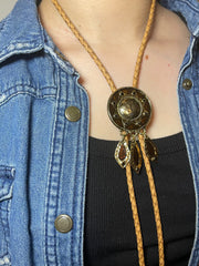 Load image into Gallery viewer, SOLD - Western Bolo Tie – Tan Cord & Gold Sunburst
