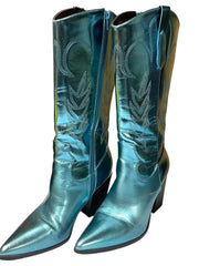 Load image into Gallery viewer, Women’s Metallic Teal Cowboy Boots – Size 6.5