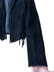 Load image into Gallery viewer, Forever 21 Black Suede Fringe Jacket – Size Small - Lisa Lassi