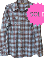 Load image into Gallery viewer, SOLD - Vintage Wrangler Western Snap Shirt – Women’s M – Brown & Blue Plaid w/ Pink Metallic Thread - Lisa Lassi
