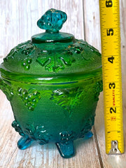 Load image into Gallery viewer, Vintage Jeannette Glass Green Blue Harvest Grape Footed Covered Candy Dish Compote