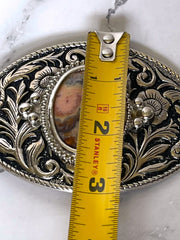Load image into Gallery viewer, Vintage Western Belt Buckle Agate Jasper Stone Floral Scroll Silver Tone 4"