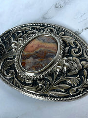 Load image into Gallery viewer, Vintage Western Belt Buckle Agate Jasper Stone Floral Scroll Silver Tone 4"