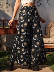 Load image into Gallery viewer, Celestial Sun & Moon Wide Leg Bell Pants – Black Astrology Print, Elastic Waist