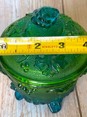 Load image into Gallery viewer, Vintage Jeannette Glass Green Blue Harvest Grape Footed Covered Candy Dish Compote