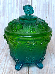 Load image into Gallery viewer, Vintage Jeannette Glass Green Blue Harvest Grape Footed Covered Candy Dish Compote
