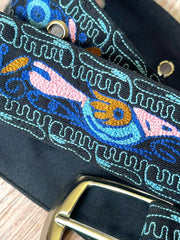 Load image into Gallery viewer, Embroidered Chainstitch Bird Floral Wide Fabric Belt Black Blue Pink 40"