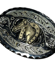 Load image into Gallery viewer, SOLD - Vintage Silver-Tone Horse Head Western Belt Buckle – Oval Floral Design, 4” x 3” - Lisa Lassi