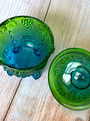 Load image into Gallery viewer, Vintage Jeannette Glass Green Blue Harvest Grape Footed Covered Candy Dish Compote