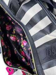 Load image into Gallery viewer, Betsey Johnson Black White Stripe Duffel Weekender Bag Patches Floral Lining