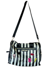 Load image into Gallery viewer, Betsey Johnson Black White Stripe Duffel Weekender Bag Patches Floral Lining
