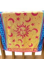 Load image into Gallery viewer, Vintage Celestial Sun Moon Stars Double Sided Beach Towel Red Yellow 27x54