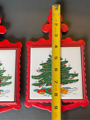 Load image into Gallery viewer, Vintage Cathay Tile Christmas Tree Ceramic Trivet Set Red Frame 2pc