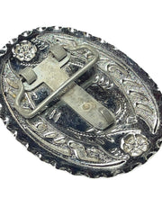 Load image into Gallery viewer, SOLD - Vintage Silver-Tone Horse Head Western Belt Buckle – Oval Floral Design, 4” x 3” - Lisa Lassi