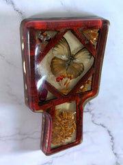 Load image into Gallery viewer, Vintage Lucite Style Butterfly Spoon Rest Dried Flowers Seeds Red 1970s