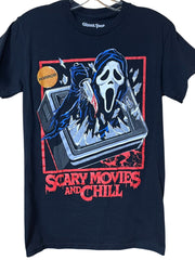 Load image into Gallery viewer, Ghostface Horror T-Shirt “Scary Movies and Chill” | Black Cotton Tee | Small