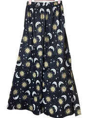 Load image into Gallery viewer, Celestial Sun & Moon Wide Leg Bell Pants – Black Astrology Print, Elastic Waist