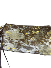 Load image into Gallery viewer, Western Cowhide Leather Fringe Wristlet Clutch Metallic Gold Hair-On Hide Bag