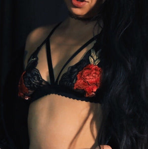 Embroidered Rose and Black Lace Bralette