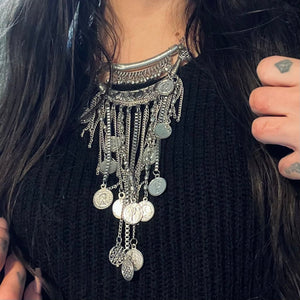 Silver Chain and Coin Statement Necklace