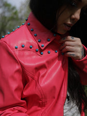 Load image into Gallery viewer, Pink Vegan Leather Jacket with Front and Back Yoke Stud Detailing