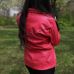Pink Vegan Leather Jacket with Front and Back Yoke Stud Detailing