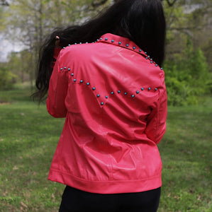 Pink Vegan Leather Jacket with Front and Back Yoke Stud Detailing