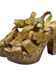 Load image into Gallery viewer, Bed Stu Melissa Tan Leather Wood Platform Clog Heels Sandals Women's 8.5